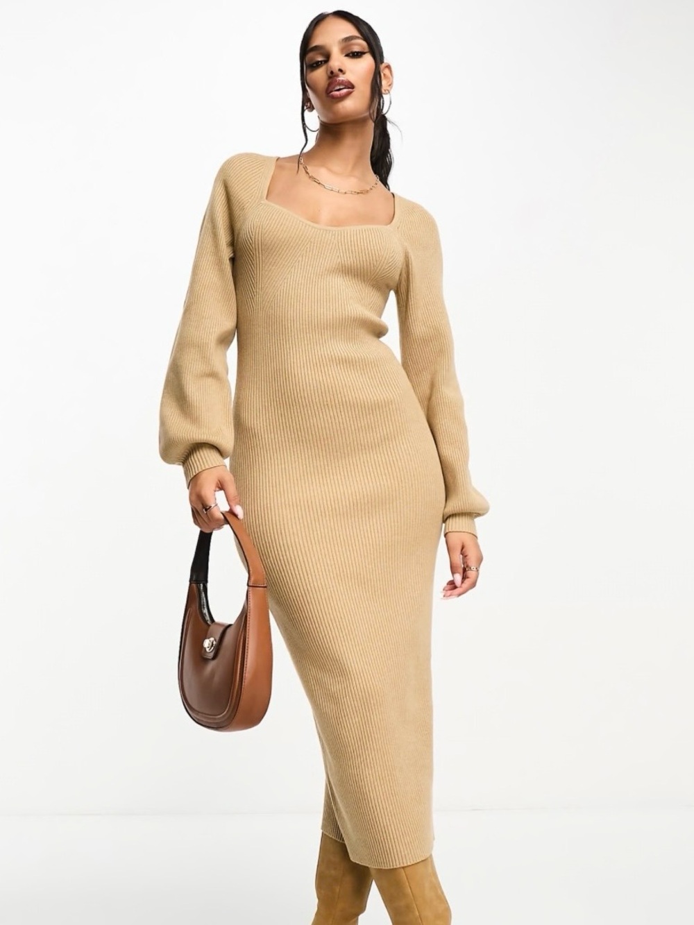 Ribbed Knit Midi Dress in Camel Beige